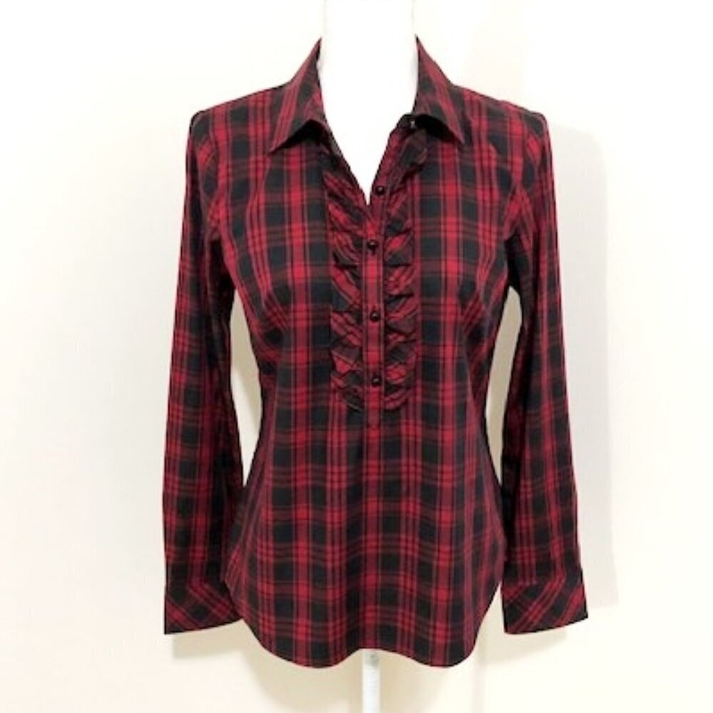 Talbots Red & Black Plaid Long Sleeve Button Up Top w/ Ruffle Classic Holiday 4